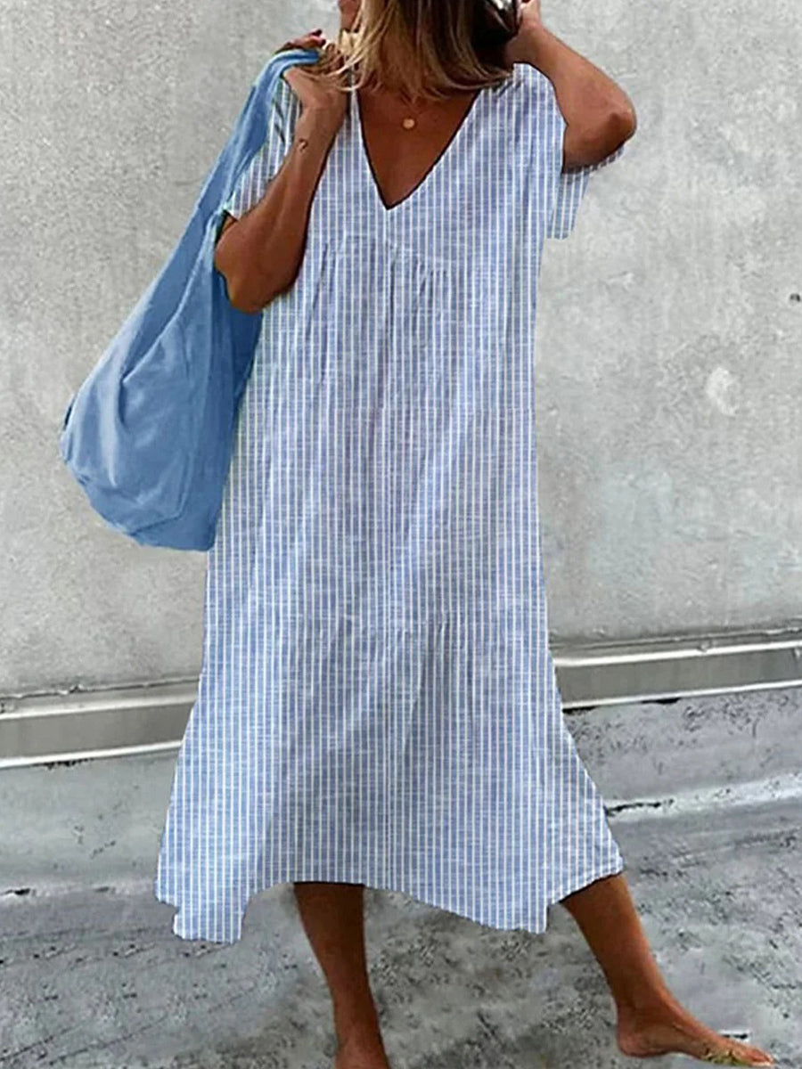 LilyWish Women?ˉs Casual Loose-Fit V-Neck Striped Midi Dress