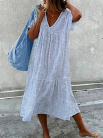 LilyWish Women?ˉs Casual Loose-Fit V-Neck Striped Midi Dress