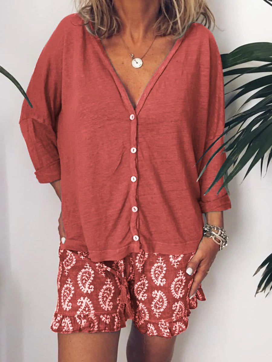 Red Casual V Neck Printed Long Sleeve Two Piece Sets