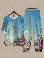 Blue Casual Round Neck Floral Printed Daily Two Piece Suit