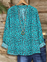 LilyWish Leopard Print V-neck Long Sleeve Blue Top