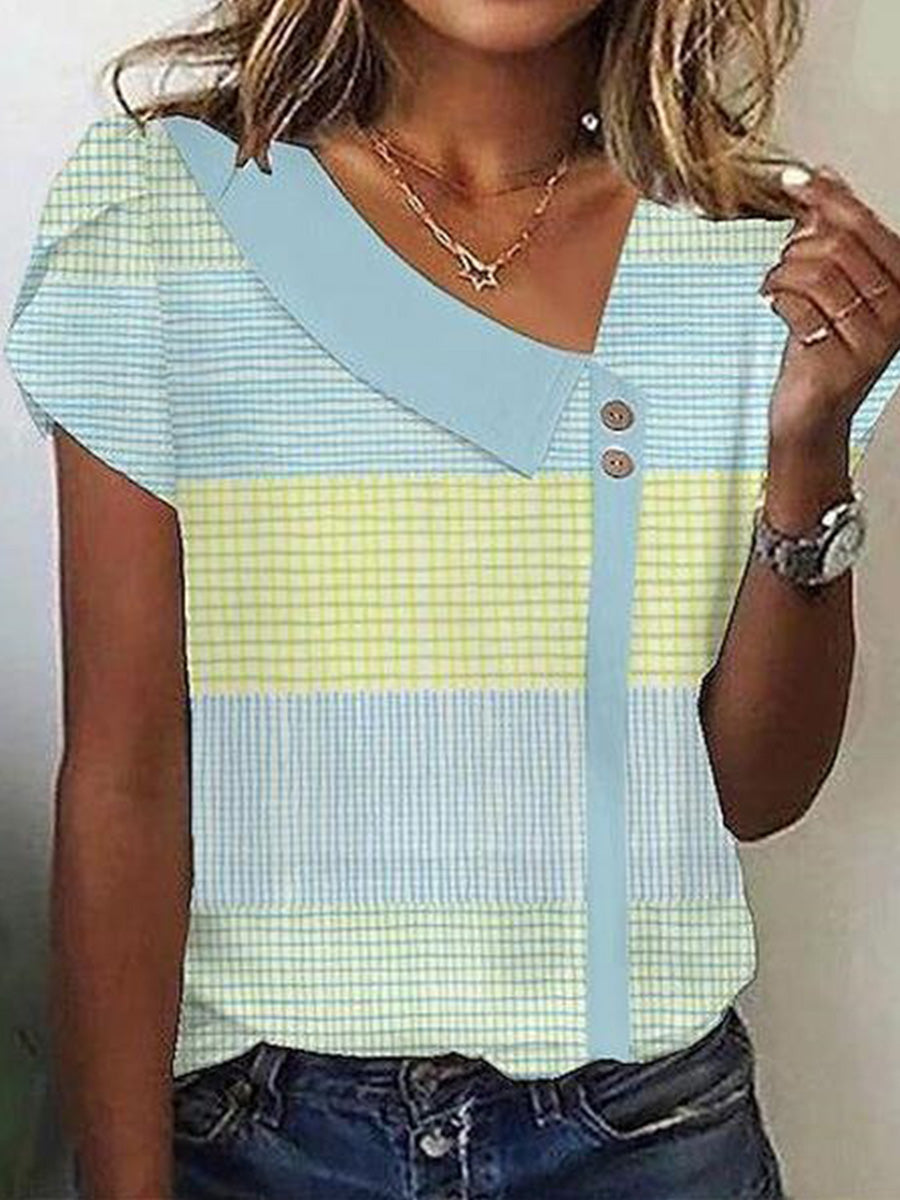 LilyWish Special Striped Print V-Neck Short Sleeve Top