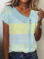 LilyWish Special Striped Print V-Neck Short Sleeve Top