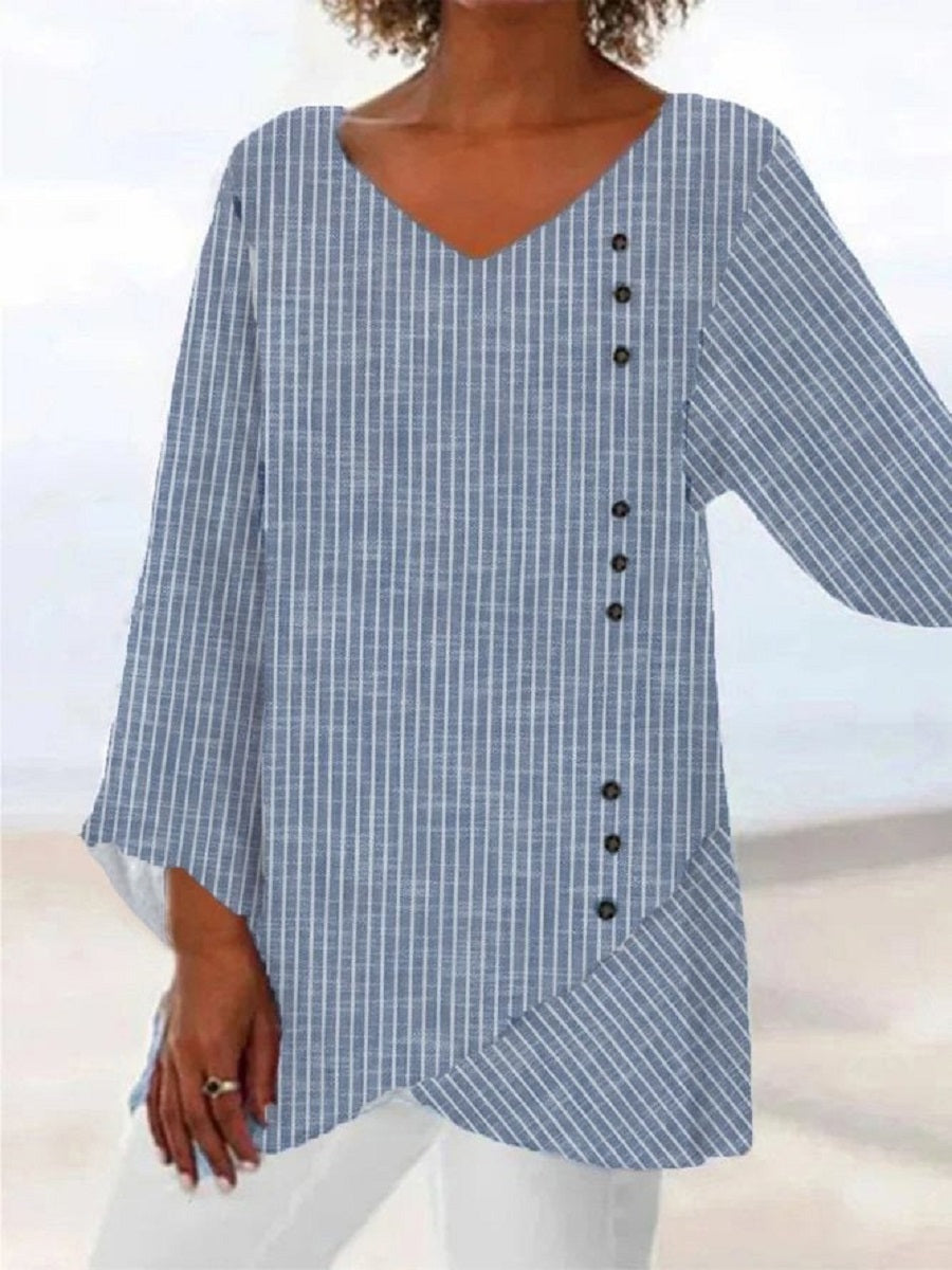 Blue Casual V Neck Stripe Printed Long Sleeve Blouse