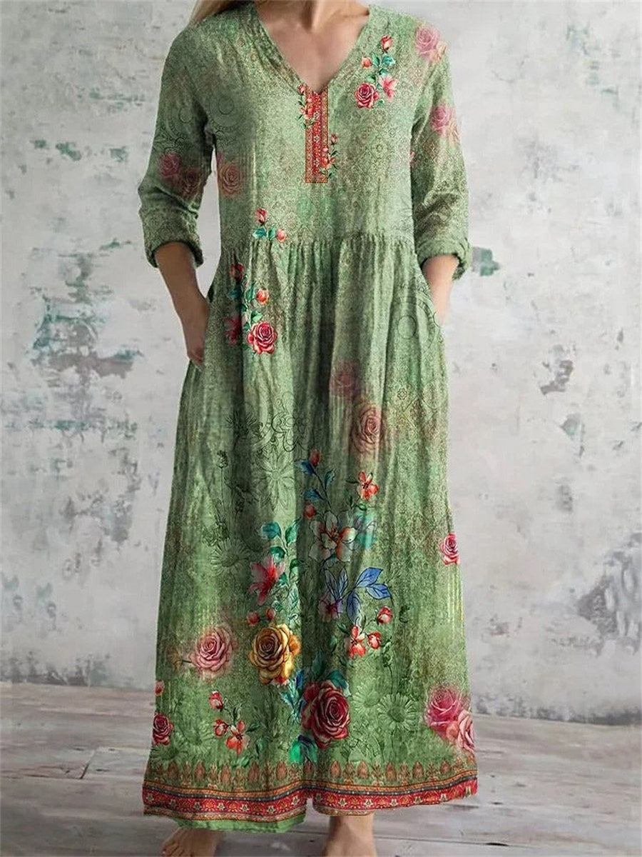 LilyWish Vintage Floral Printed V-neck Long Sleeve Dress