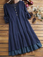 Solid Color Round Neck 3/4 Sleeve Blue Dress