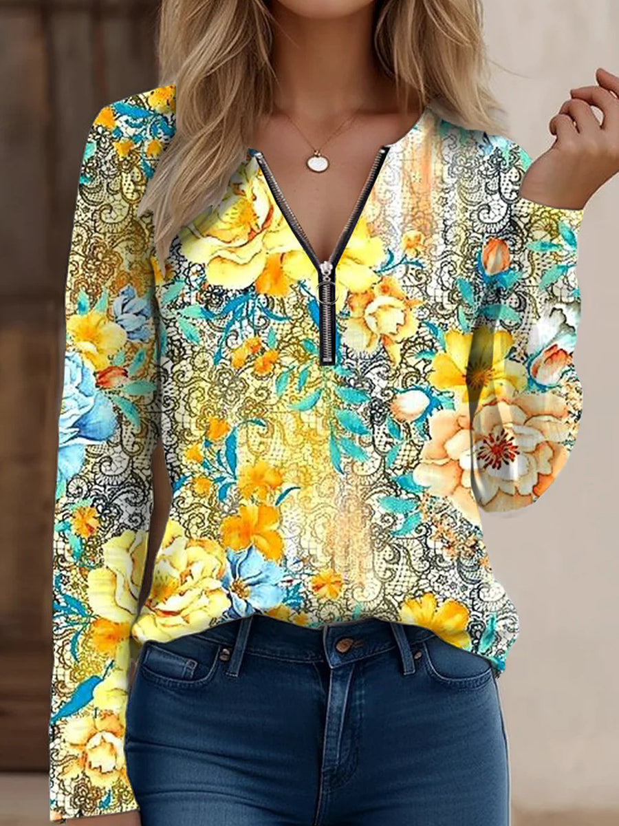 LilyWish Stylish Floral Print Zip V-Neck Long Sleeve Top