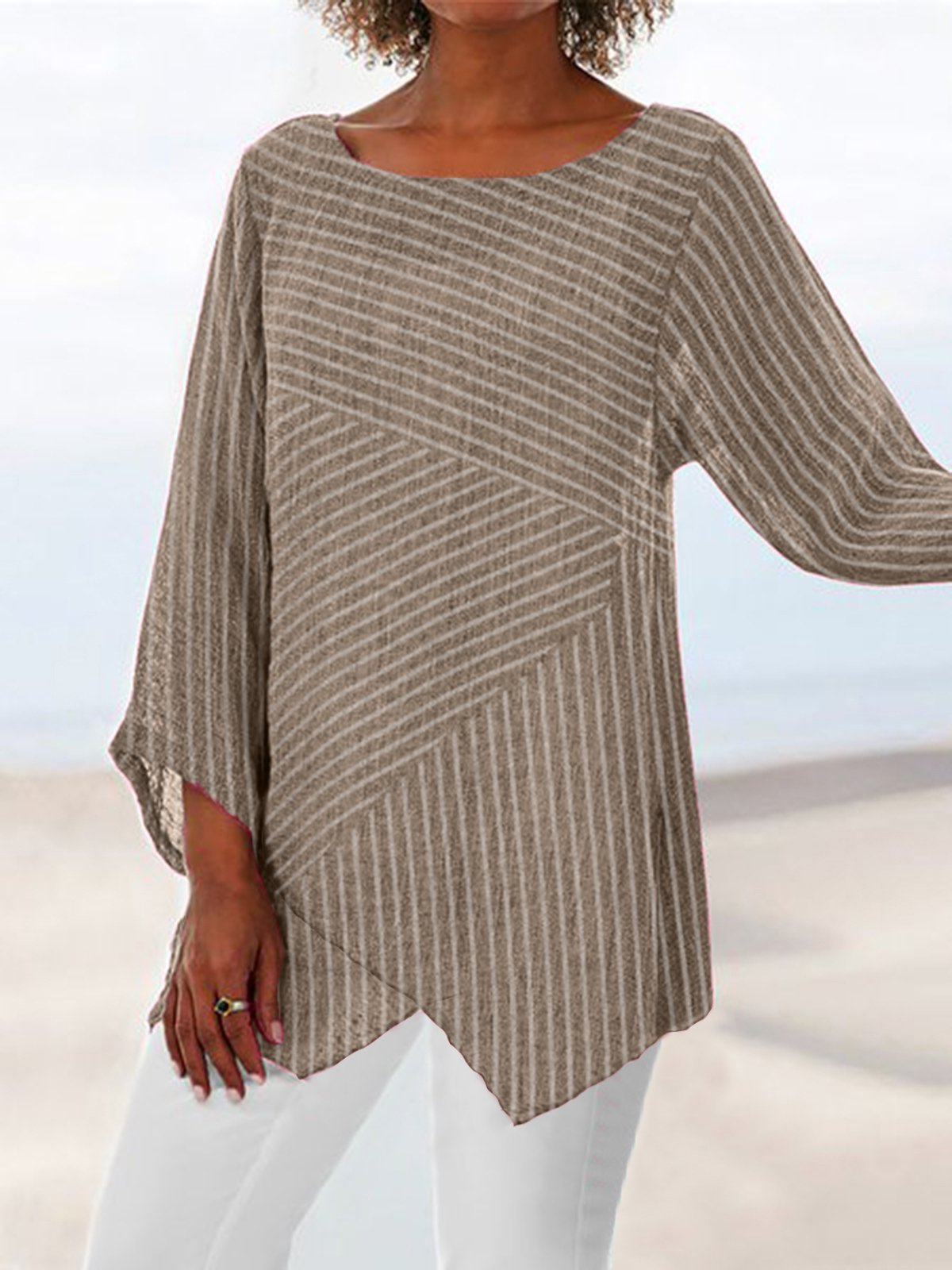 Women's Casual Striped Asymmetrical Hem Loose-Fit Long Sleeve Top