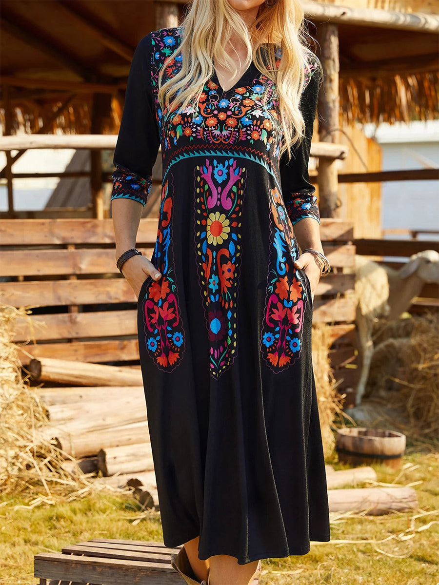 Black Floral V Neck Boho Midi Dress