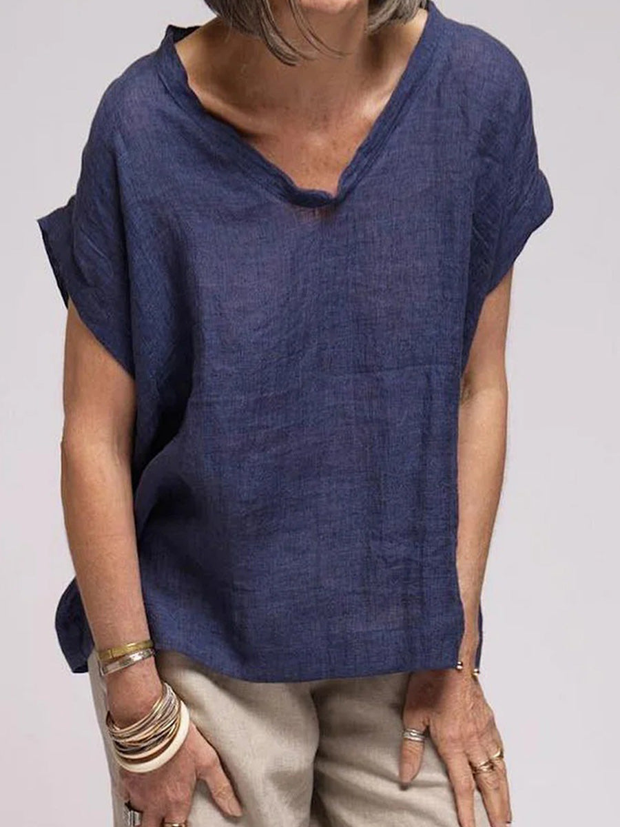 Solid Linen V-neck Short Sleeve Blouse