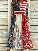 Women American Flag Floral Print Summer Dress Crew Neck Half Sleeve A-Line Dress