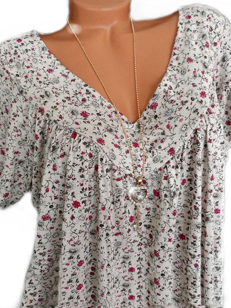 LilyWish Print Floral Short Sleeve V-neck Blouse