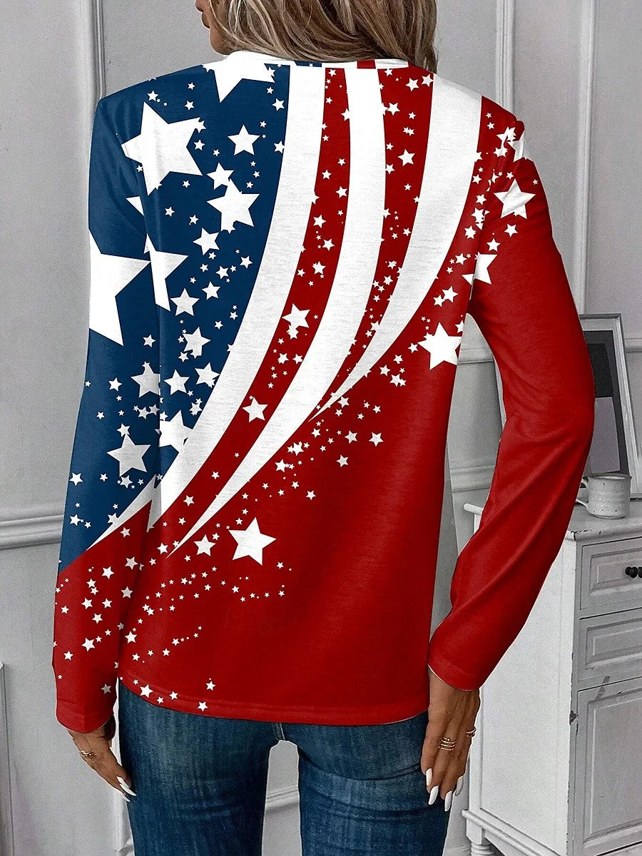 Women's Independence Day American Flag Print V-Neck Long Sleeve T-Shirt
