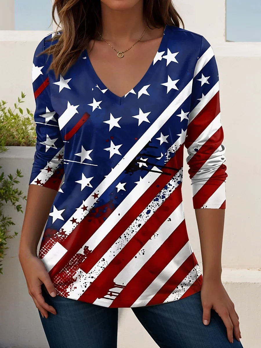 Women's Independence Day American Flag Print V-Neck Long Sleeve T-Shirt