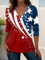 Women's Independence Day American Flag Print V-Neck Long Sleeve T-Shirt