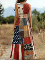 Independence Day Floral & Flag Print Sleeveless V-Neck Maxi Dress