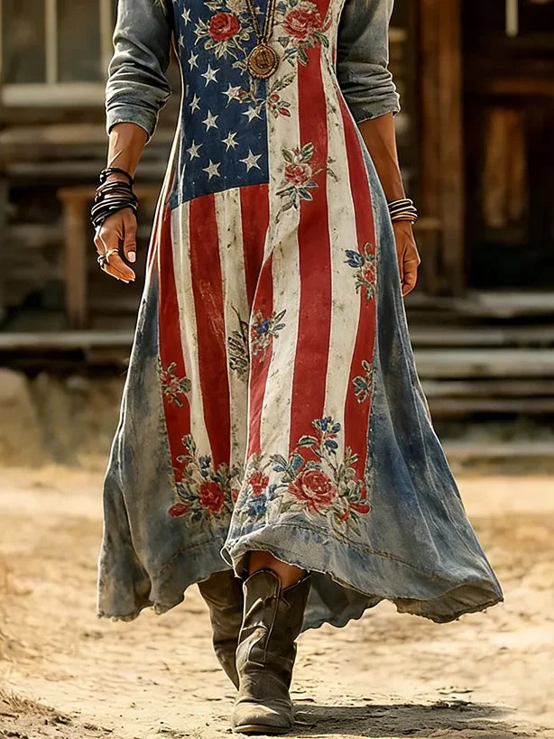 Vintage American Flag & Floral Print V-Neck Long Sleeve Maxi Dress