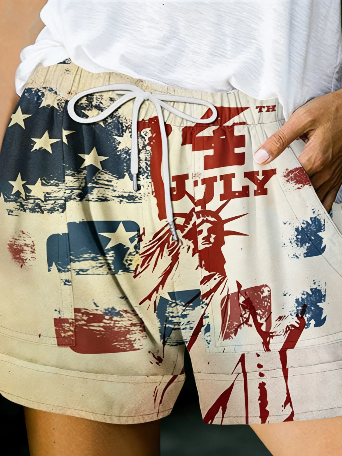 Vintage American Flag Print High-Waisted Drawstring Casual Shorts