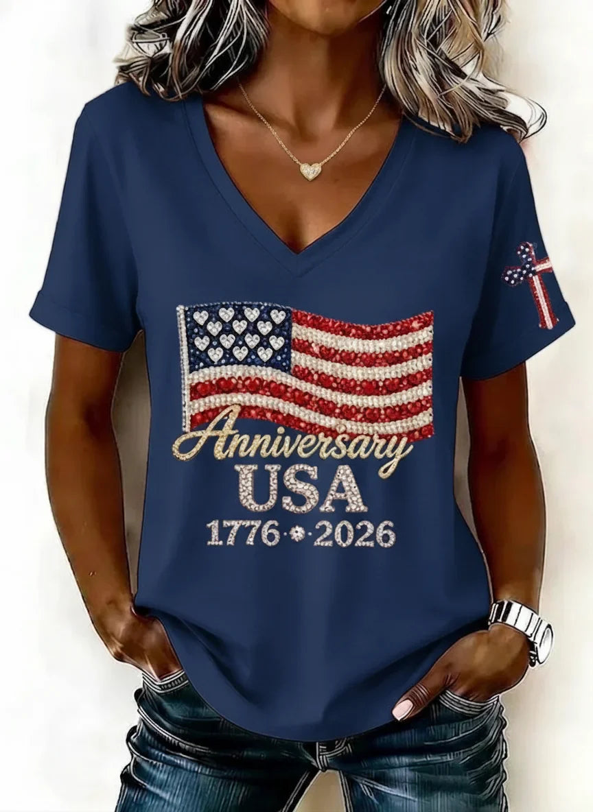 Casual America Flag V Neck Short Sleeves Independence Day T-shirt