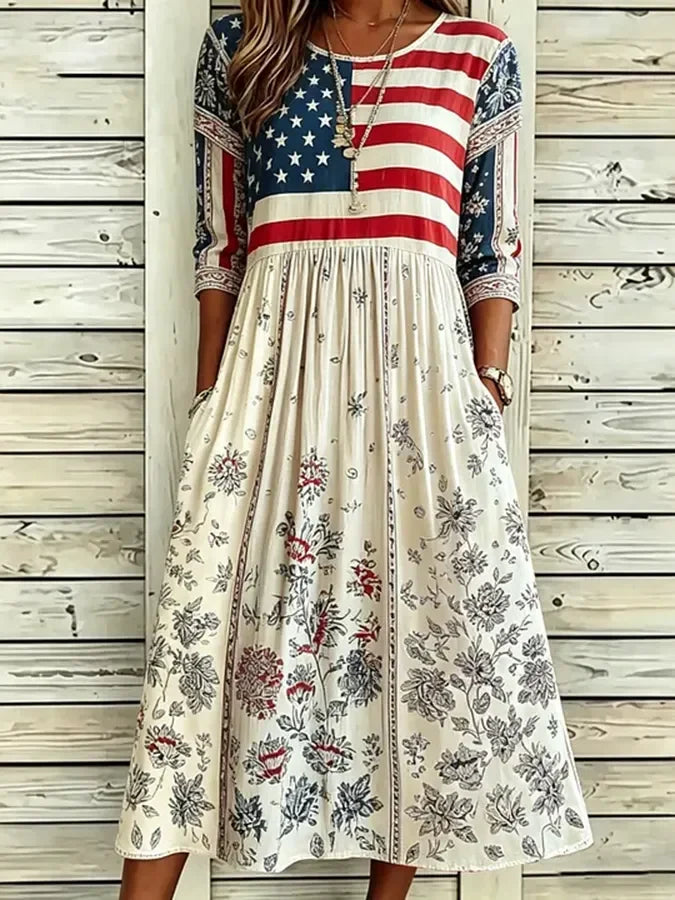 Women American Flag Floral Print Summer Dress Crew Neck Half Sleeve A-Line Dress