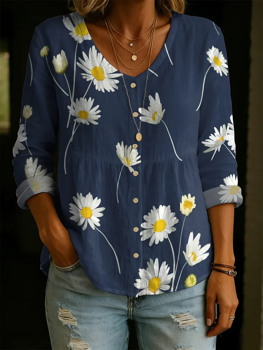 Florl Pattern Linen And Cotton Casual Shirt