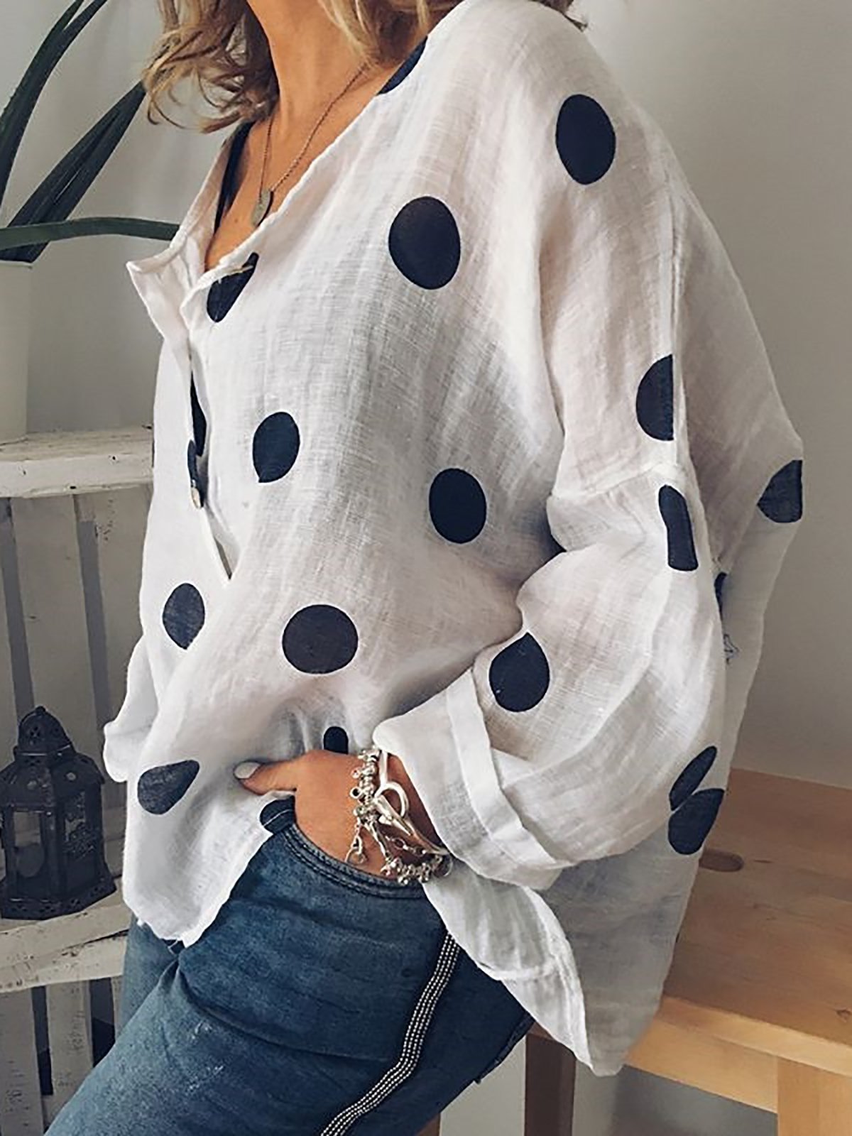 Polka Dot Print Buttoned Long Sleeve Casual Blouse