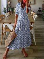 LilyWish Women's Blue Ikat Print Loose Fit V-Neck Vacation Maxi Dress