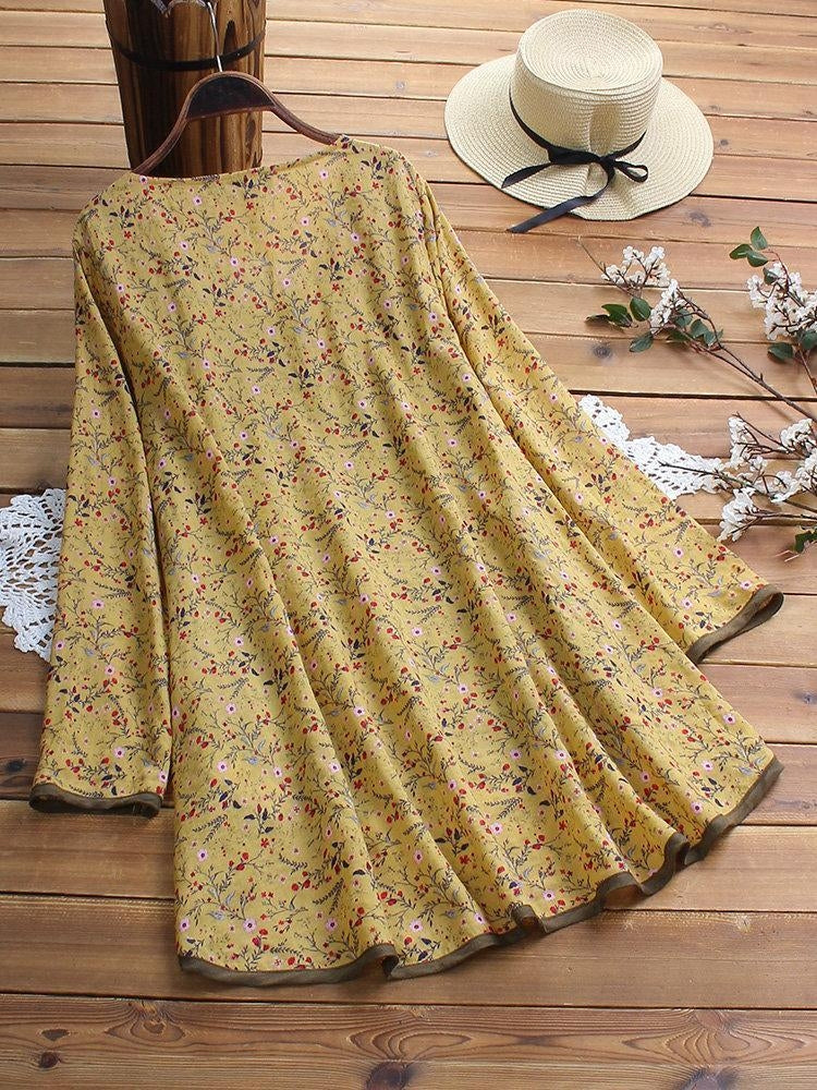 Women's Floral Print Patchwork Long Sleeve Irregular Hem Blouse