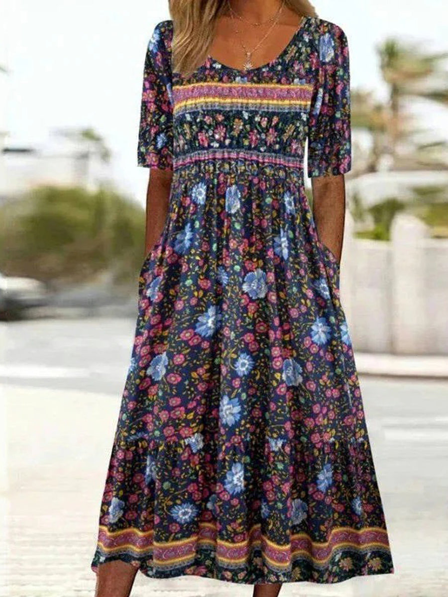 LilyWish Vintage Floral Print U-neck Short Sleeve Dress