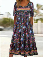 LilyWish Vintage Floral Print U-neck Short Sleeve Dress