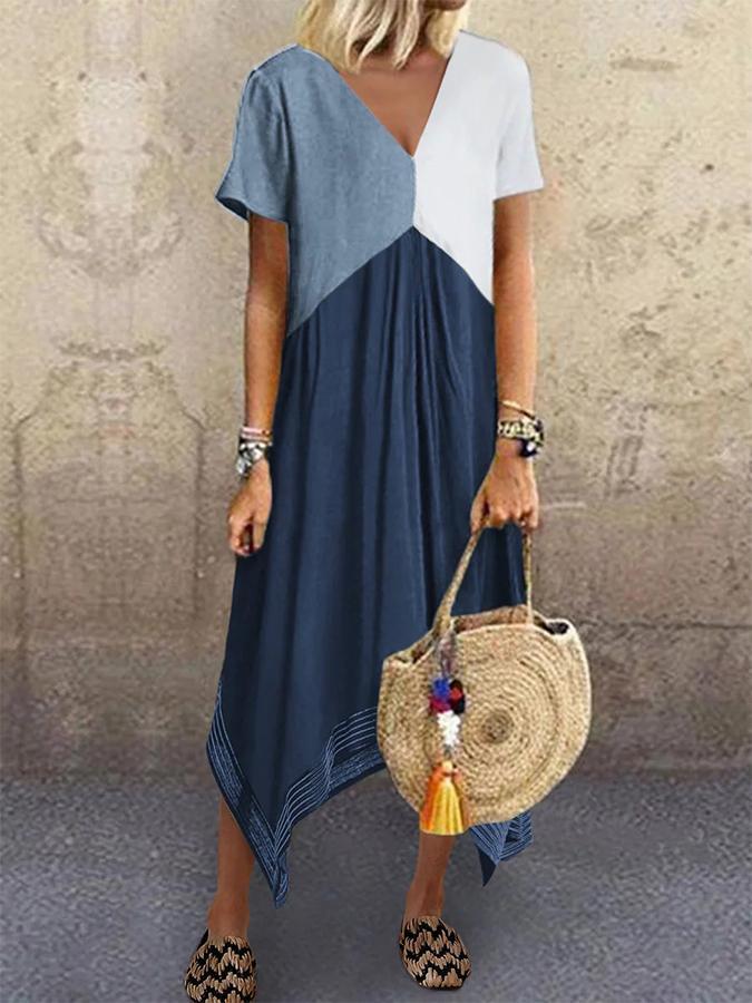 V-neck Geometric Patchwork Casual Short Sleeve Vacation Midi Dress