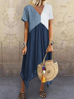 V-neck Geometric Patchwork Casual Short Sleeve Vacation Midi Dress
