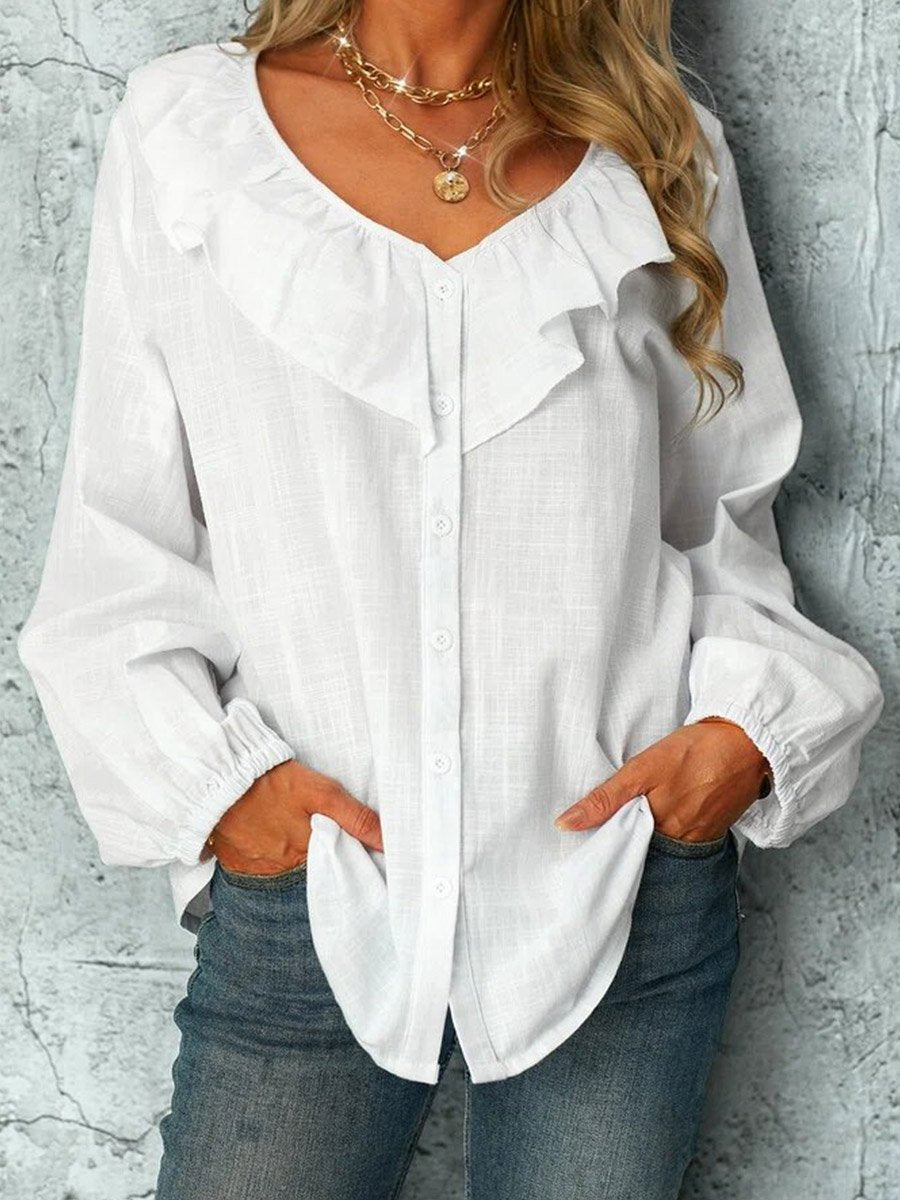 LilyWish Ruffle Long Sleeve White Blouse With Buttons
