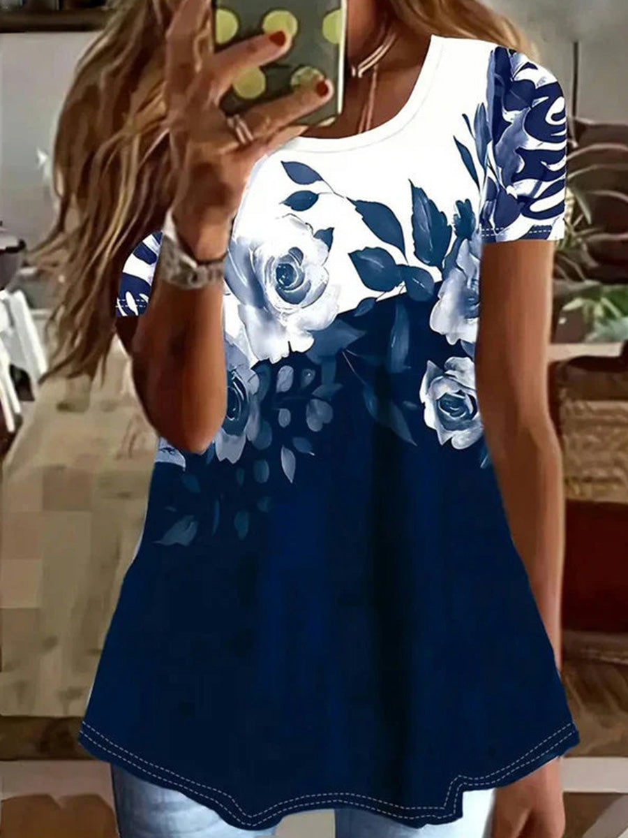 LilyWish Vintage Floral Print Round Neck Short Sleeve T-Shirt