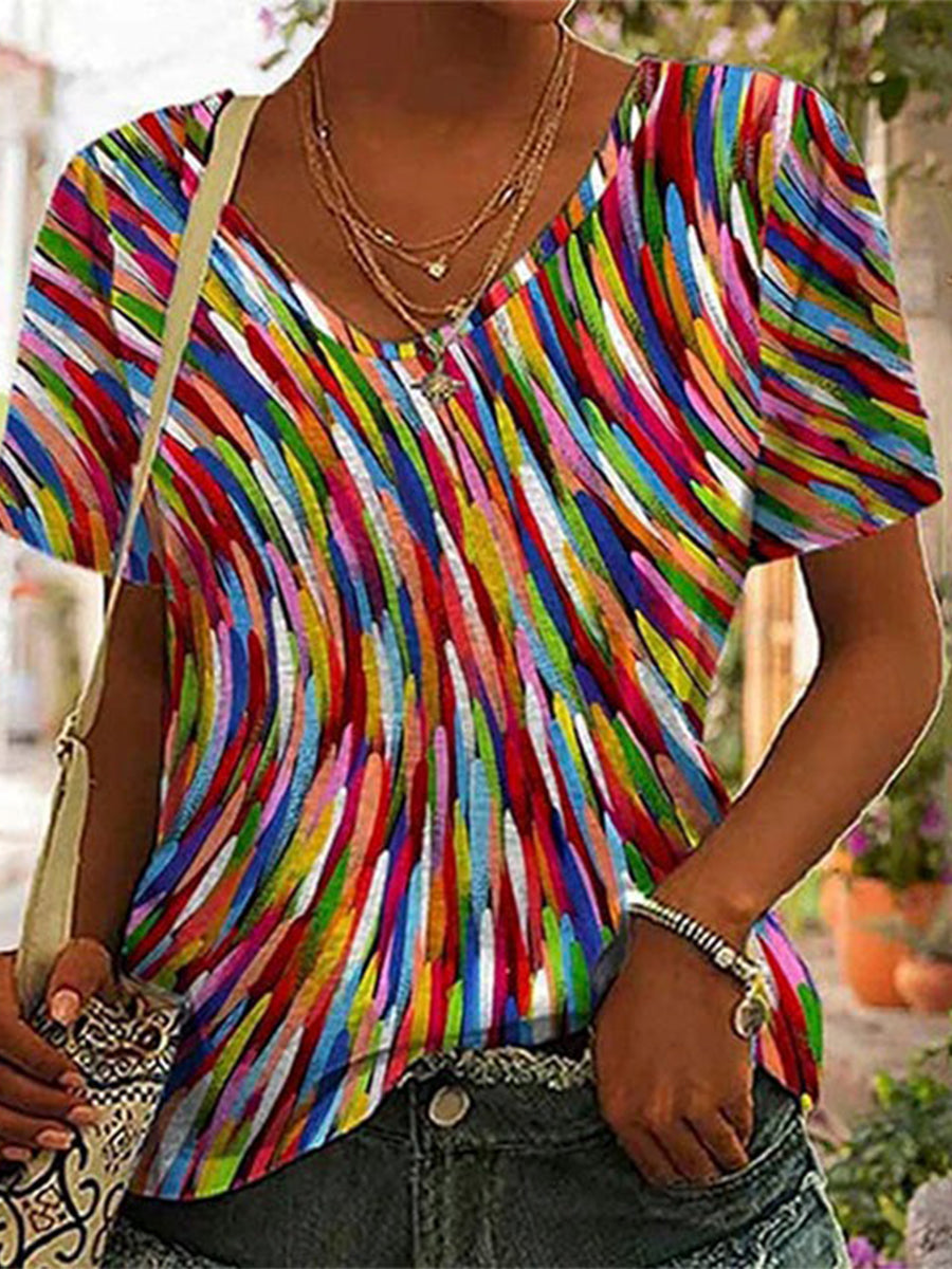 Casual Colorful Line Style V Neck T-Shirt