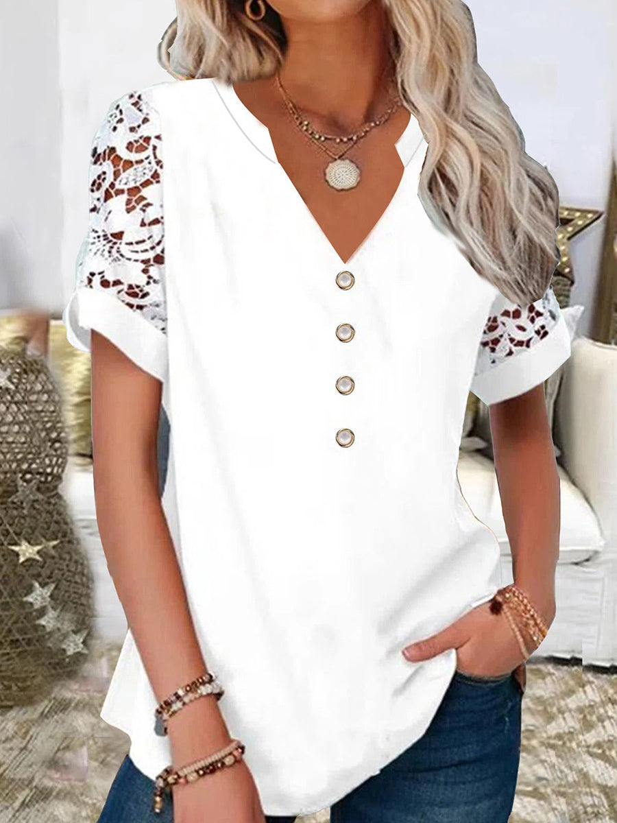Solid Color V-neck Lace Short Sleeve White Blouse