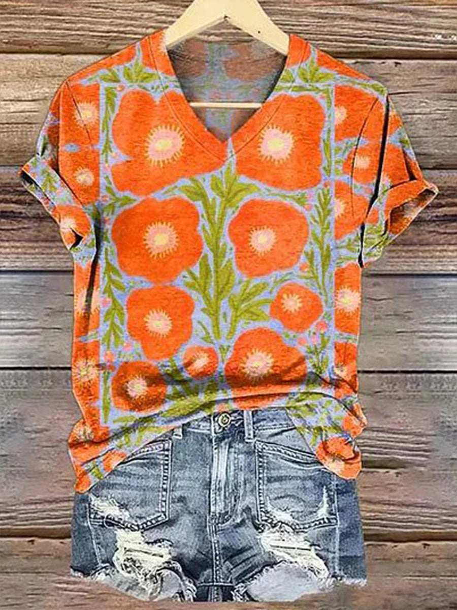 Casual Floral Print V-neck Short Sleeve T-Shirt