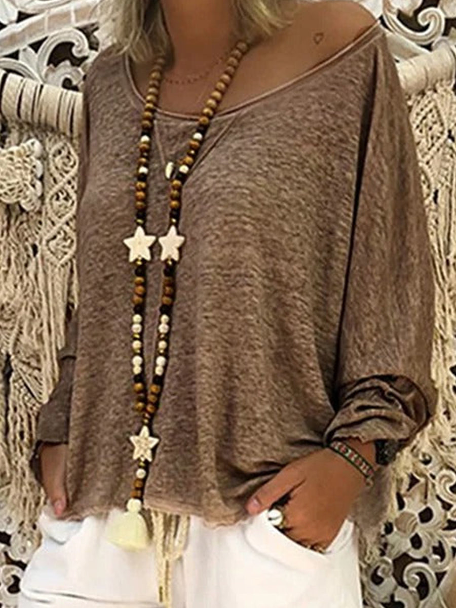 Solid Color V-neck Casual Long Sleeve Top