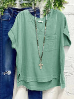 LilyWish Casual V Neck Pocket Green Loose Short Sleeve Summer T-Shirt