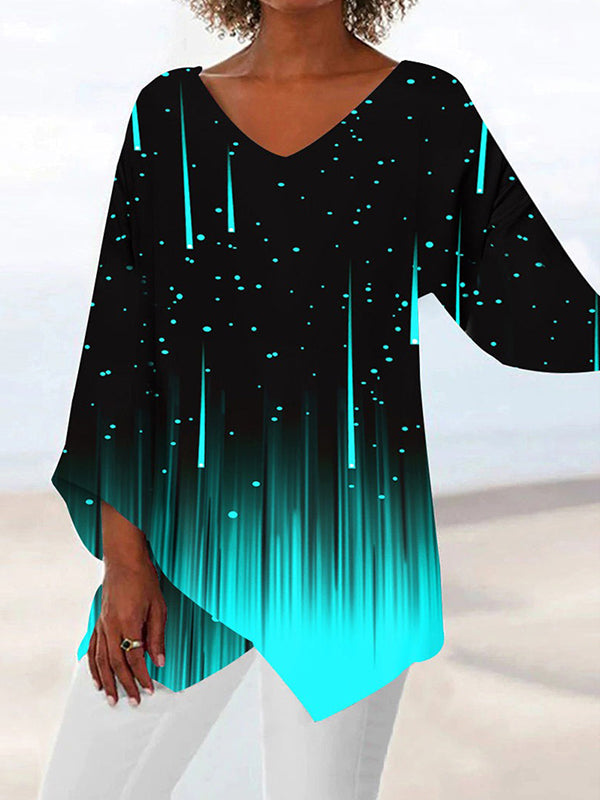 Black Casual Graphic Tops V-neck Long Sleeve Stripe Printed Blouse