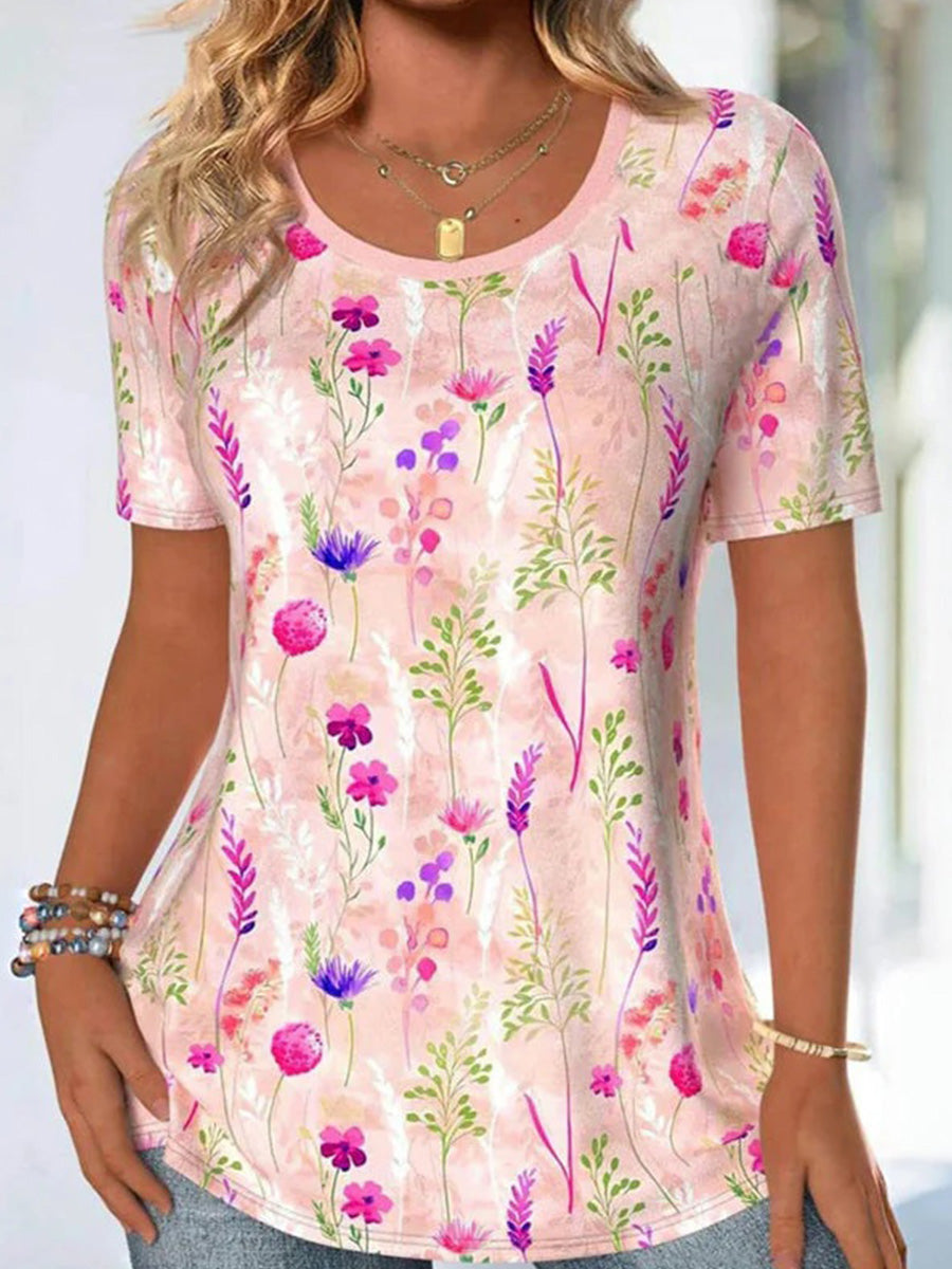 Casual Floral Print Round Neck Short Sleeve T-Shirt