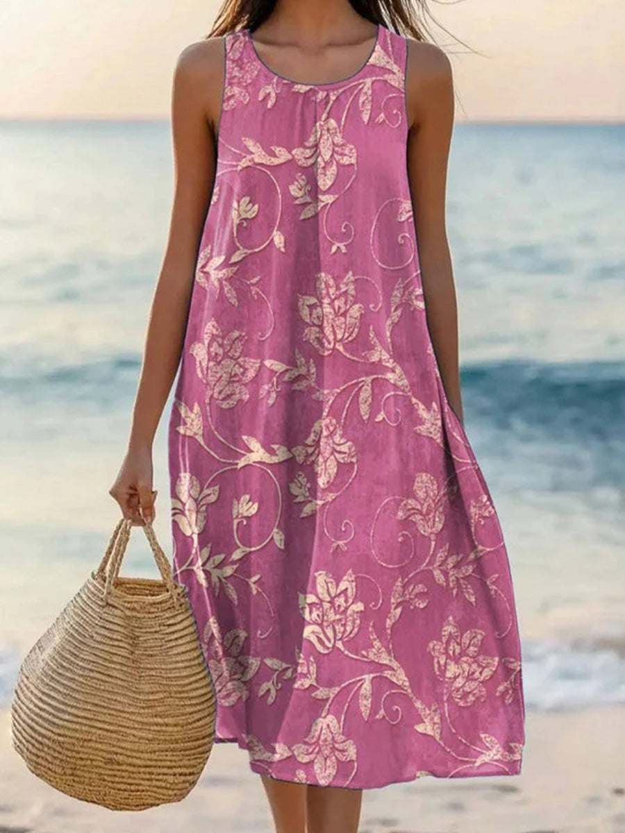 LilyWish Vintage Floral Print Round Neck Sleeveless Dress