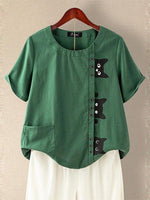 LilyWish Cat Print Buttons Short Sleeve Blouse