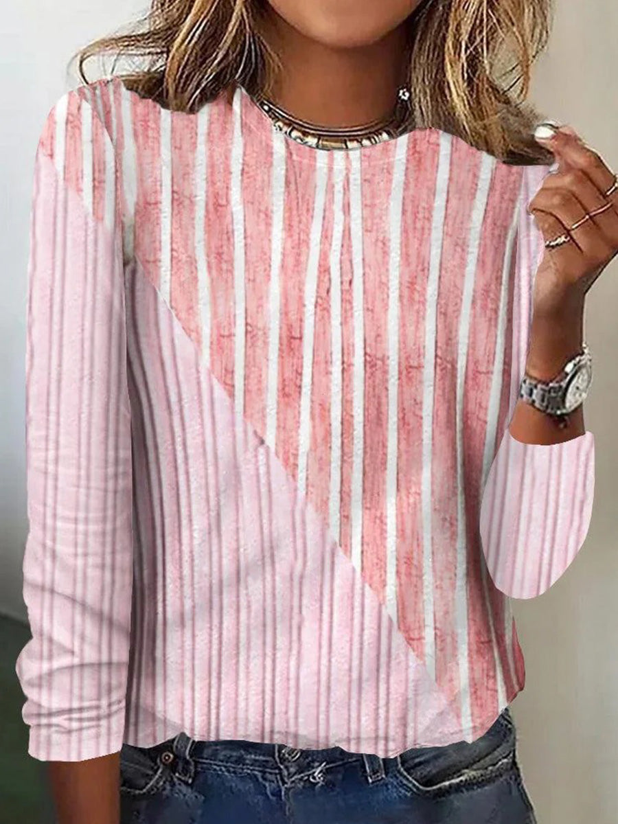 LilyWish Unique Striped Print Round Neck Long Sleeve Top