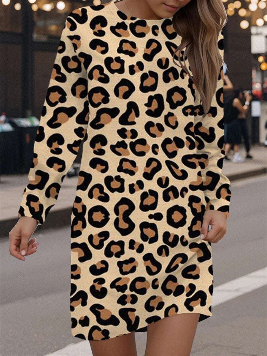 Casual Round Neck Long Sleeve Leopard Dress