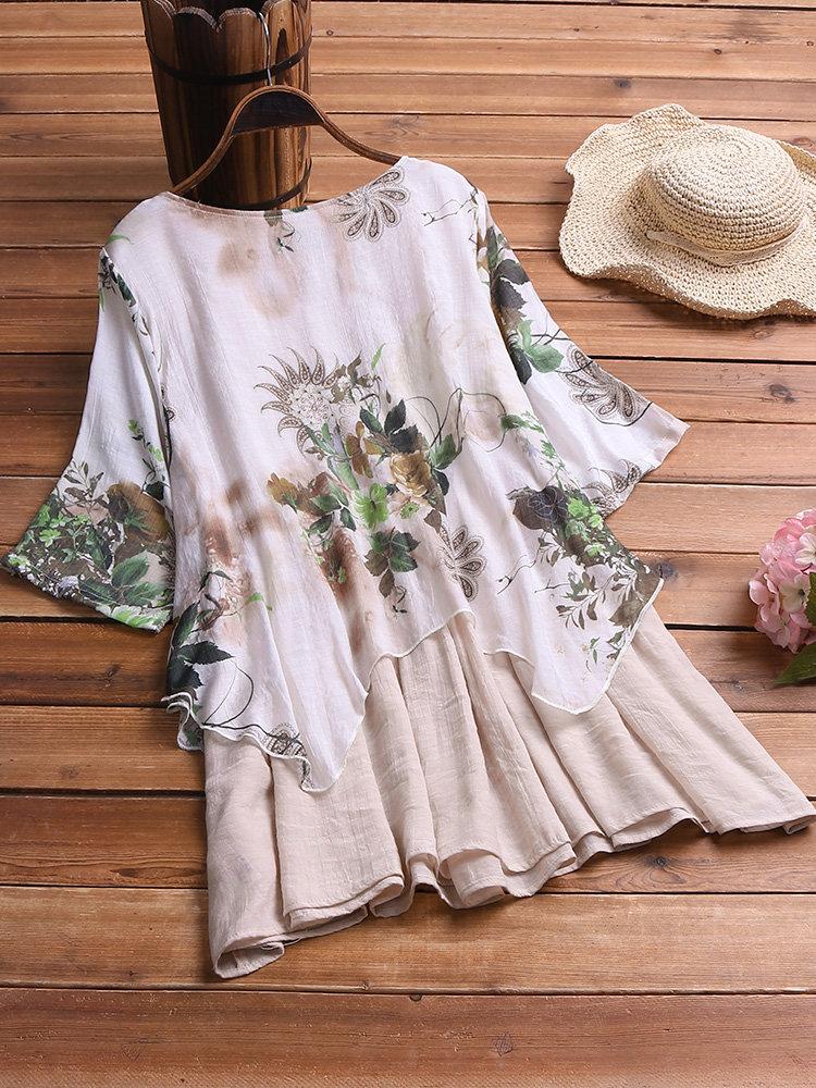 LilyWish Vintage Patchwork Print Fake Two-Piece Half Sleeve Plus Size Blouse