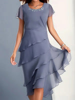 LilyWish Pure Color Ruffle Crew Neck Short Sleeve Dress