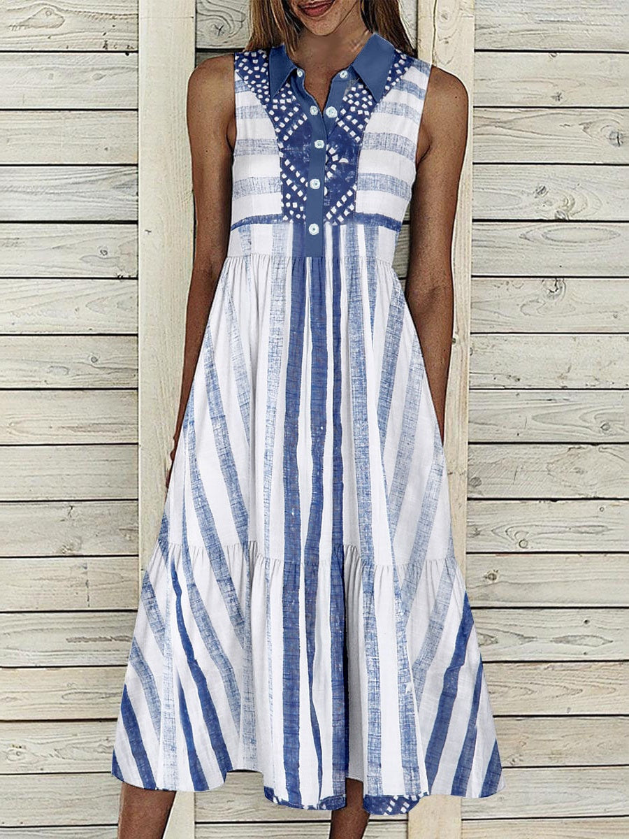 LilyWish Women Sleeveless Lapel Striped Printed Graphic Button Pockets Maxi Dress