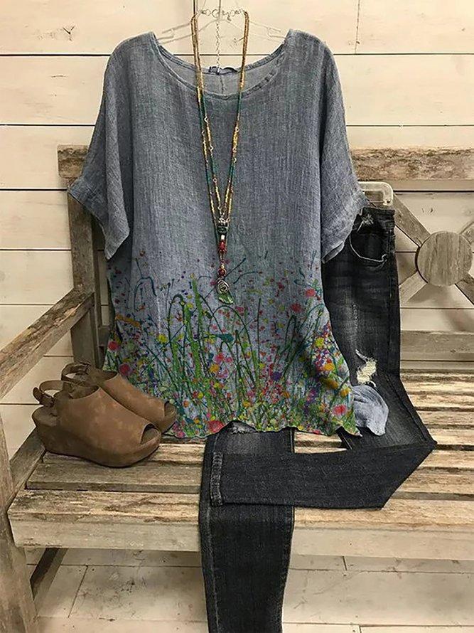 LilyWish Crew Neck Casual Floral Print Short Sleeve Blouse