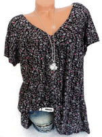 LilyWish Print Floral Short Sleeve V-neck Blouse